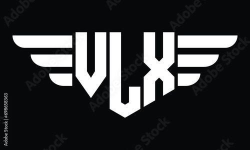 VLX three letter logo, creative wings shape logo design vector template. letter mark, word mark, monogram symbol on black & white. photo