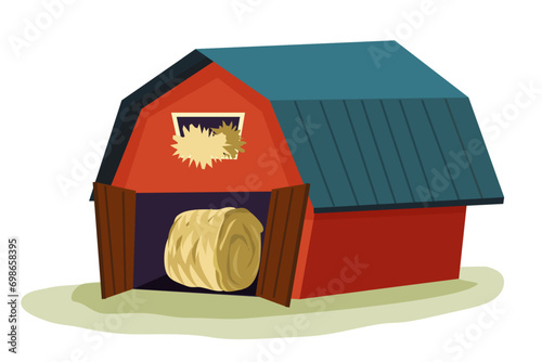 A red barn, a wooden stable building with open doors and a haystack isolated on a white background. Vector illustration