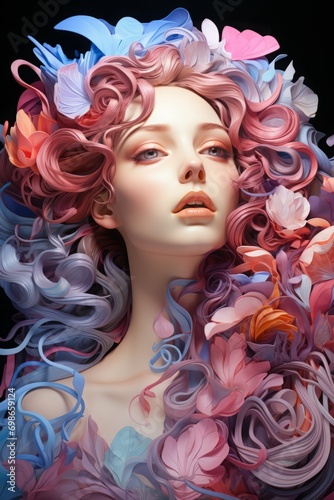 a wonderful girl, a young woman with flowers in flowing curls. close-up portrait. femininity and purity.