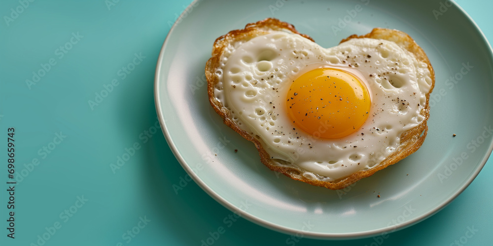 Heart-Shaped Fried Egg on a Blue Background. Celebrate Valentine's Day, Father's Day, Mother's Day. Perfect for breakfast. Abstract hyper-realistic illustration of healthy food banner with copy space. Heart-Shaped Fried Egg on a Blue Background. Celebrate Valentine's Day, Father's Day, Mother's Day. Perfect for breakfast. Abstract hyper-realistic illustration of healthy food banner with copy space.