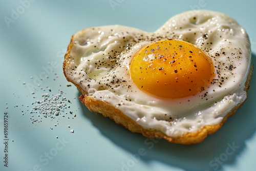 Heart-Shaped Fried Egg on a Blue Background. Celebrate Valentine's Day, Father's Day, Mother's Day. Perfect for breakfast. Abstract hyper-realistic illustration of healthy food banner with copy space.
