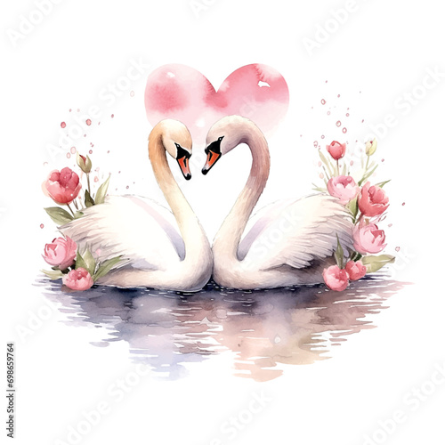 Valentine's Day Wedding White Swans watercolor vector