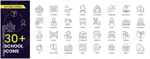School Editable Stroke icon set. Contains classroom, student, and teacher icons; and education and knowledge symbols. Outline icon vector collection.