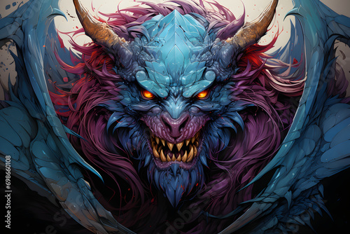 mythological monster, gargoyle or chimera. evil growling creature. colorful fantasy illustration close-up portrait.