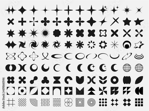 collection of Y2k elements. geometric brutalism bauhause forms sticker In Y2k style graphic design y2k pack Set of geometric shapes set of black and white icons   futuristic  memphis.