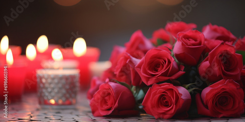 bouquet of roses with petals with candles, love, gifts, valentine's day, birthday, wedding photo