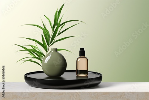 cosmetic mockup with a round podium and green leaves of a houseplant. background, backdrop, scene creator.