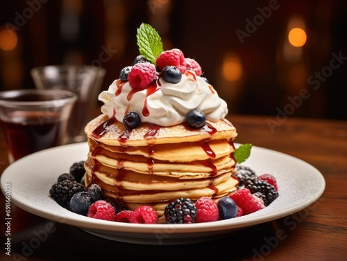 Pancake stack topped with fresh berries and cream