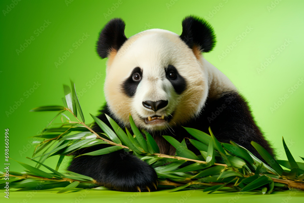 Fototapeta premium panda eats bamboo on a green background. Cute bamboo bear, close-up portrait on studio backdrop.