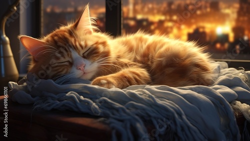 pretty cute ginger red haired cat lying and sleep on the bad against evening window. cozy background with pets. AI