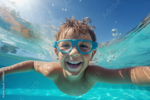 Smiling boy in swimming glasses, diving under the water in the pool