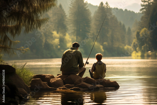 Father and son sitting and fishing on the lake shore at the evening, beautiful nature, happy family concept
