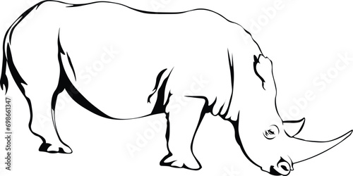 Cartoon Black and White Isolated Illustration Vector Of A Rhino Grazing
