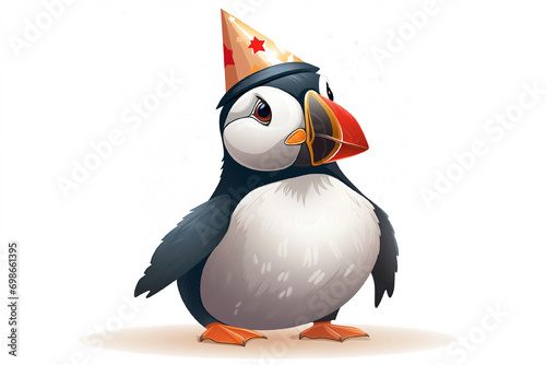 Cute cartoon puffin bird in happy birthday hat isolated on white background