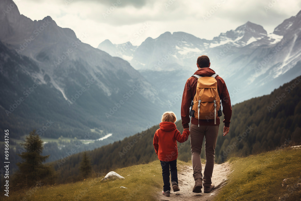 Father and son trekking in the mountains, family time on the nature, happy childhood concept