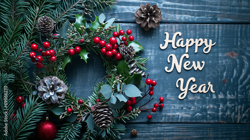  Happy New Year  surrounded by a wreath of evergreen and holly  Happy new year  Flat lay  top view  with copy space