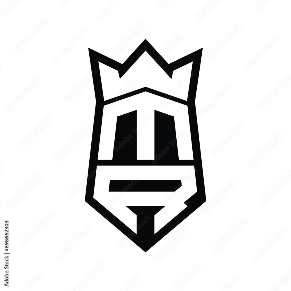 MR Letter Logo monogram hexagon shield shape up and down with crown isolated style design MR Letter Logo monogram hexagon shield shape up and down with crown isolated style design