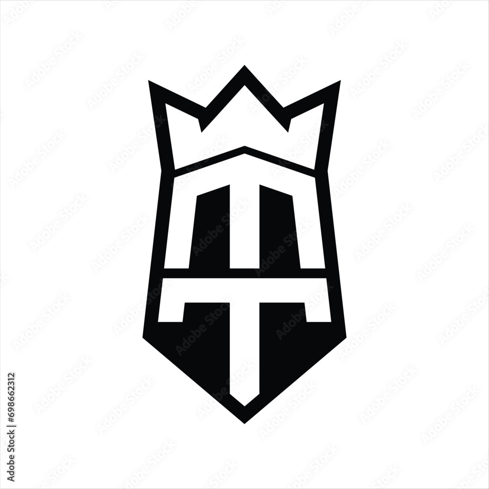 MT Letter Logo monogram hexagon shield shape up and down with crown isolated style design MT Letter Logo monogram hexagon shield shape up and down with crown isolated style design