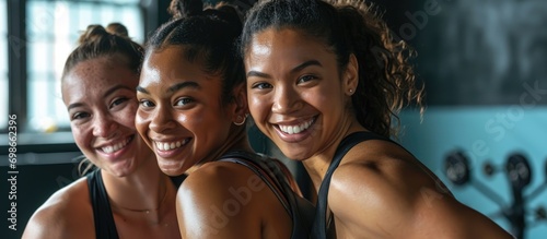 Three athletic women in a studio, smiling at the camera, wearing fitness attire.