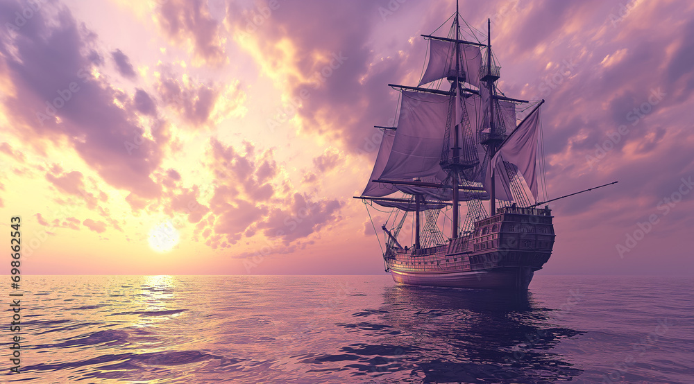 Fototapeta premium Sailing Ship at Sunset in Serene Ocean Waters 