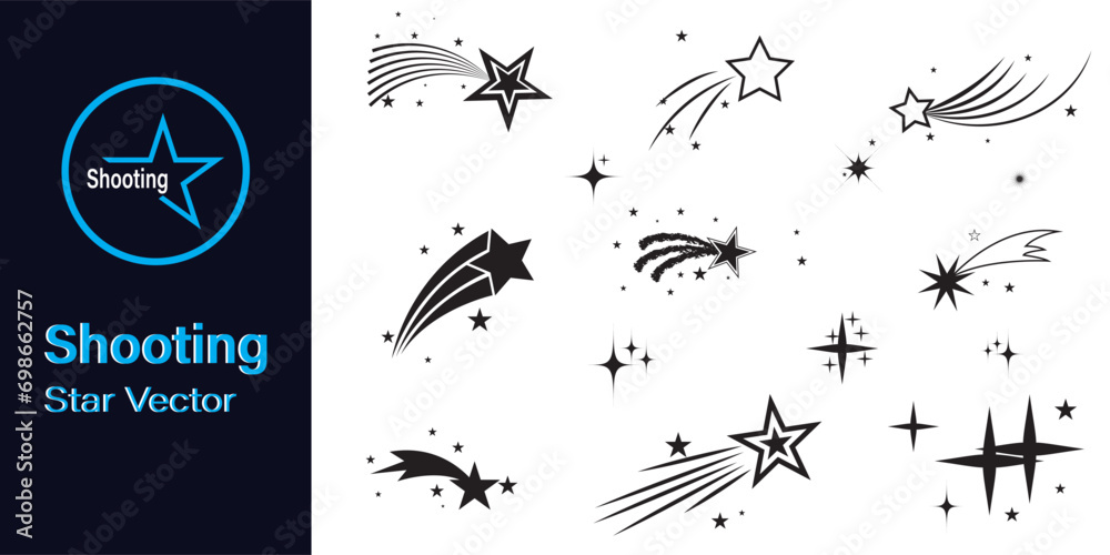 Shooting stars icon vector set. Abstract silhouette of shooting star.  Meteorite and comet symbols. Flying comet with tail, falling meteor, abstract galaxy element. Cosmic shine. star vector design. - obrazy, fototapety, plakaty 