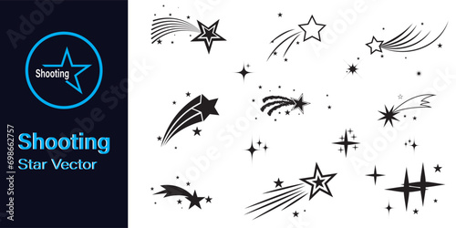 Shooting stars icon vector set. Abstract silhouette of shooting star.  Meteorite and comet symbols. Flying comet with tail, falling meteor, abstract galaxy element. Cosmic shine. star vector design.