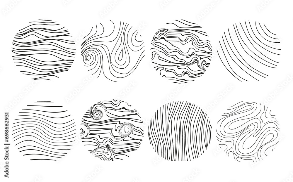 Background of abstract growth rings of a tree.Line design of a wooden stump.Tree cut pattern.Vector topographic map concept drawn with black lines on a white background. 