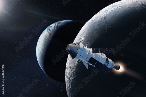 Orion spacecraft near to the Moon surface. Artemis space mission. Elements of this image furnished by NASA.