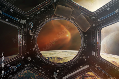 Perfect view from a porthole of spacecraft on the Earth planet. Elements of this image furnished by NASA.