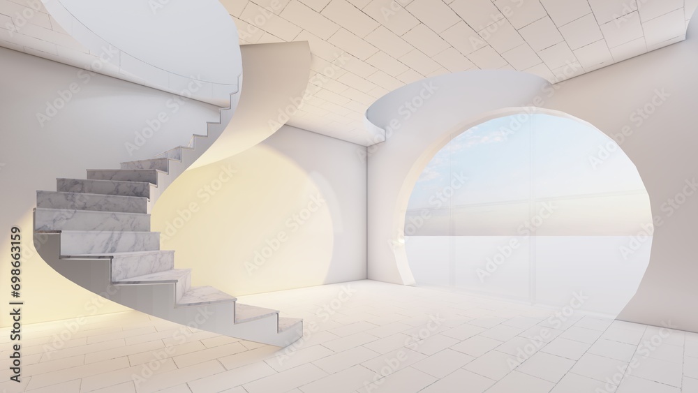 Fototapeta premium Architecture background interior with curved stairs and round windows in loft industrial style 3d render