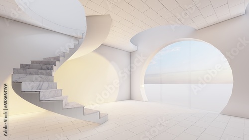 Architecture background interior with curved stairs and round windows in loft industrial style 3d render