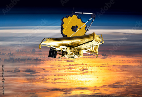 James Webb telescope on low-orbit with sun light. JWST launch art. Elements of this image furnished by NASA. photo