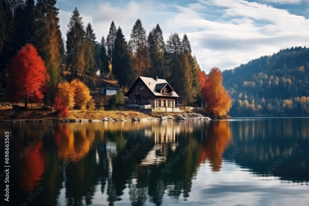 Lonely cozy house near a lake in a autumn forest, against the background of mountains