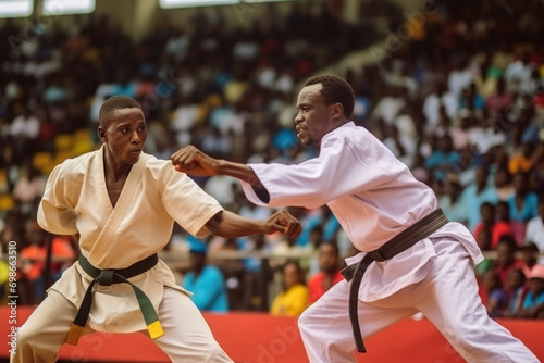 Karate duel between two african karatekas at a tournament in a stadium filled with spectators