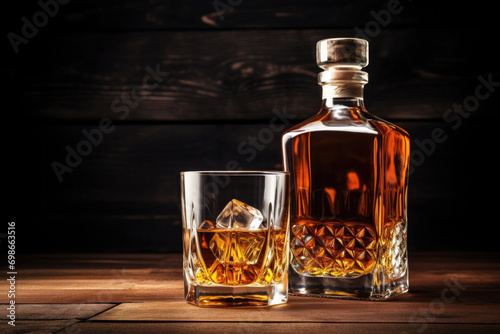 A bottle and a glass of whiskey on a wooden table
