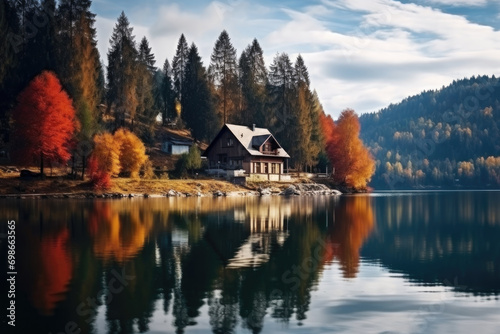 Lonely cozy house near a lake in a autumn forest, against the background of mountains