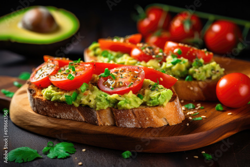 Avocado toast for breakfast or lunch with rye bread, crushed or grated avocado, tomato