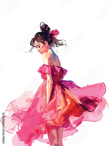 Young girl with a bow in pink dress, style of fashion vector illustration