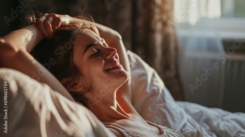 Happy woman and stretching waking up in the morning after sleep, rest and relax in her home. Resting, smile and female stretch in her bedroom, content and peaceful, Bed, generative ai photo