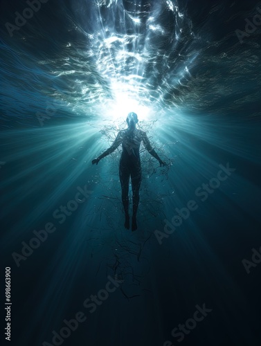 A body suspended in the ocean with rays of light shining on it. Great for stories of crime, murder, horror, mystery, danger and more. 