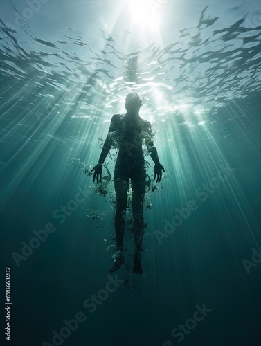 A body suspended in the ocean with rays of light shining on it. Great for stories of crime, murder, horror, mystery, danger and more. 