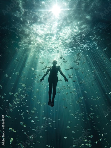 A body suspended in the ocean with rays of light shining on it. Great for stories of crime, murder, horror, mystery, danger and more. 