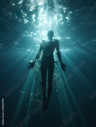 A body suspended in the ocean with rays of light shining on it. Great for stories of crime, murder, horror, mystery, danger and more. 