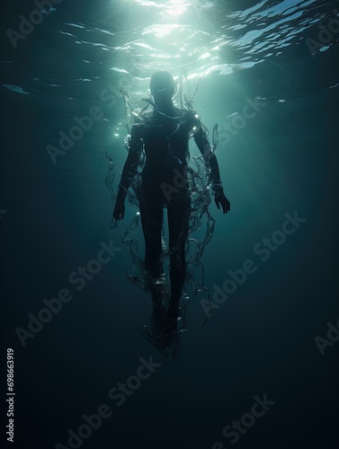 A body suspended in the ocean with rays of light shining on it. Great for stories of crime, murder, horror, mystery, danger and more. 