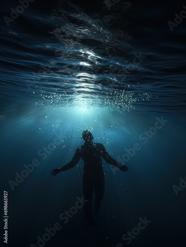 A body suspended in the ocean with rays of light shining on it. Great for stories of crime, murder, horror, mystery, danger and more. 