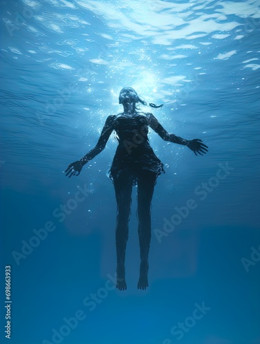 A body suspended in the ocean with rays of light shining on it. Great for stories of crime, murder, horror, mystery, danger and more. 