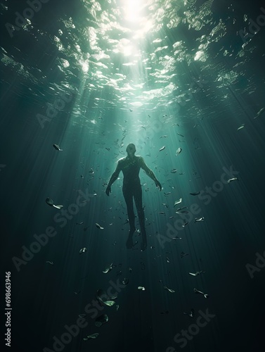 A body suspended in the ocean with rays of light shining on it. Great for stories of crime, murder, horror, mystery, danger and more. 