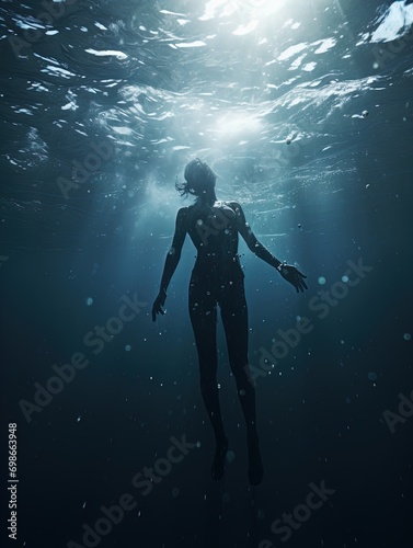 A body suspended in the ocean with rays of light shining on it. Great for stories of crime, murder, horror, mystery, danger and more. 