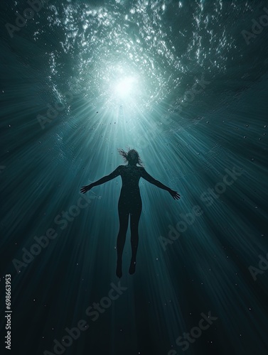 A body suspended in the ocean with rays of light shining on it. Great for stories of crime, murder, horror, mystery, danger and more. 