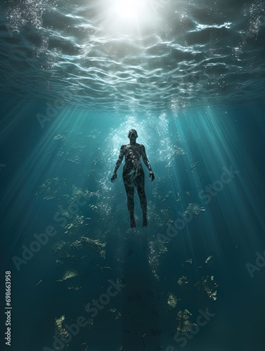 A body suspended in the ocean with rays of light shining on it. Great for stories of crime, murder, horror, mystery, danger and more. 